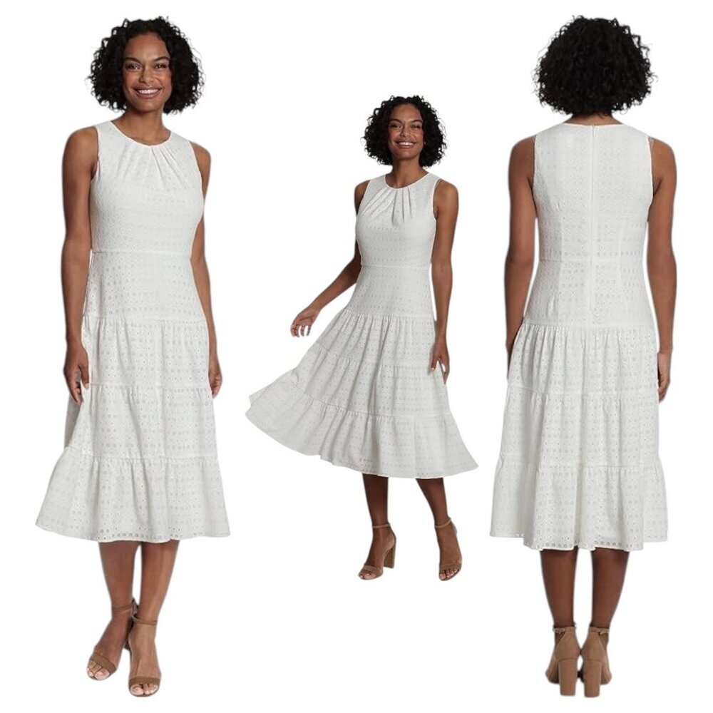 London Times Tiered Eyelet Lace Midi Dress White Size 8 Workwear Peasant NEW
